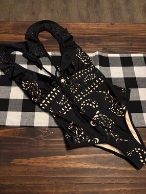 Flaxmaker black ruffle laser cut one piece small swimsuit new without tags
